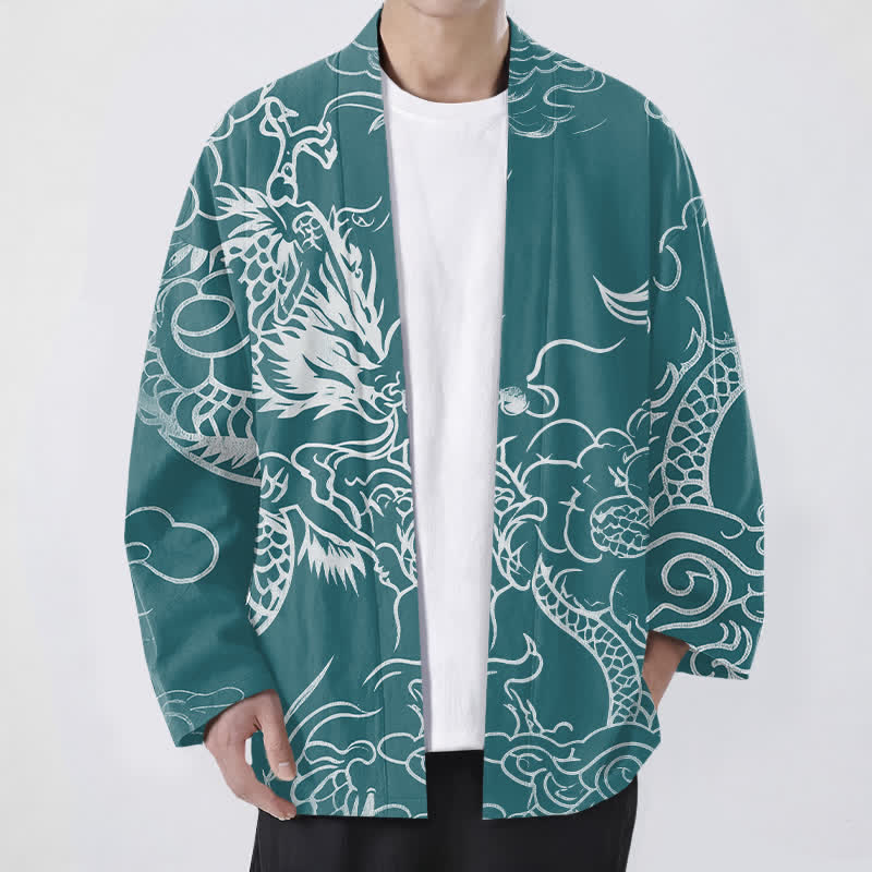 Buddha Stones Cotton Traditional Dragon Cloud Pattern Open Front Men's Kimono - Teal - US/UK/AU48,EU58 (4XL) - image 6