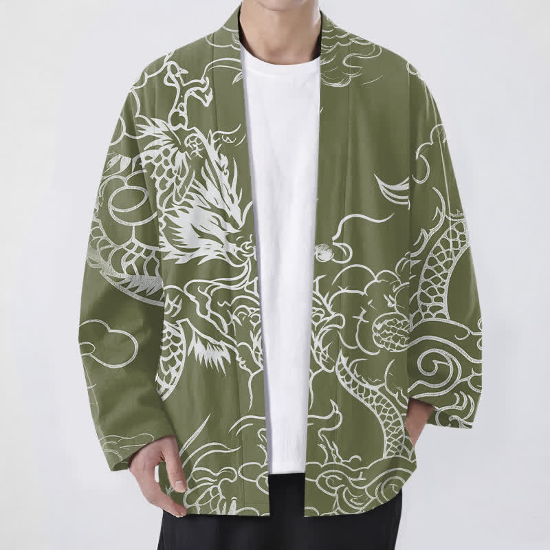Buddha Stones Cotton Traditional Dragon Cloud Pattern Open Front Men's Kimono - OliveDrab - US/UK/AU48,EU58 (4XL) - image 9