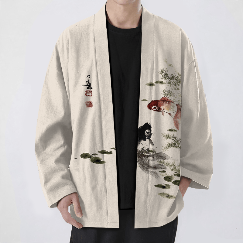 Buddha Stones Cotton Red Black Koi Lotus Pattern Open Front Men's Kimono - Beige - US/UK/AU48,EU58 (4XL) - image 0