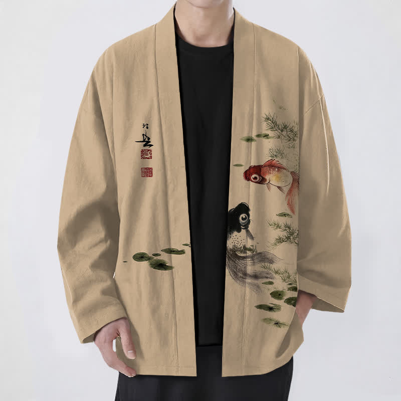 Buddha Stones Cotton Red Black Koi Lotus Pattern Open Front Men's Kimono - Tan - US/UK/AU48,EU58 (4XL) - image 6