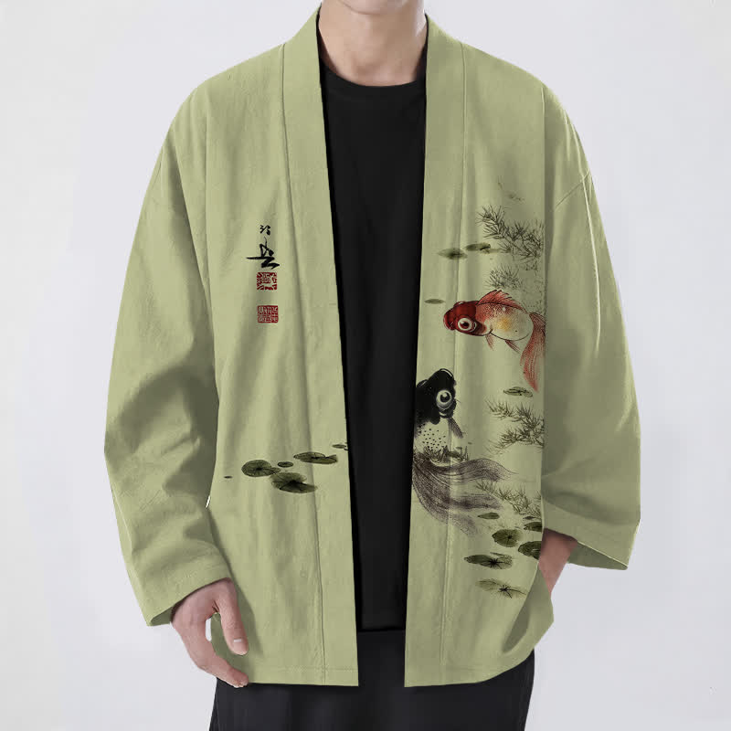 Buddha Stones Cotton Red Black Koi Lotus Pattern Open Front Men's Kimono - YellowGreen - US/UK/AU48,EU58 (4XL) - image 9
