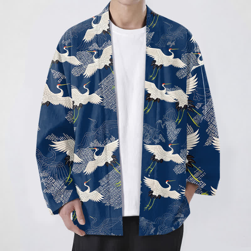 Buddha Stones Cotton White Crane Ripple Pattern Open Front Men's Kimono - Navy - US/UK/AU48,EU58 (4XL) - image 0