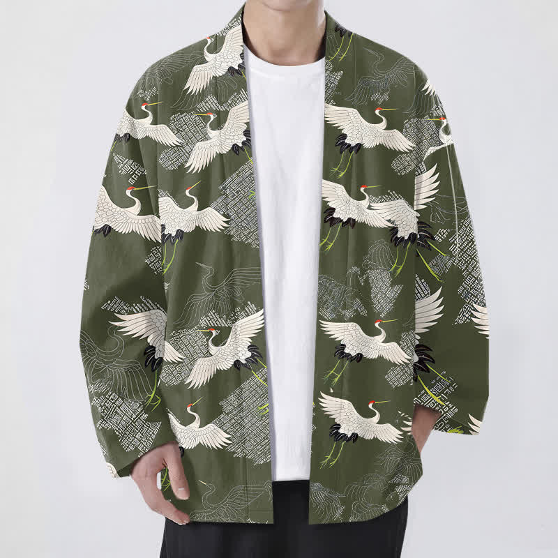 Buddha Stones Cotton White Crane Ripple Pattern Open Front Men's Kimono - OliveDrab - US/UK/AU48,EU58 (4XL) - image 6