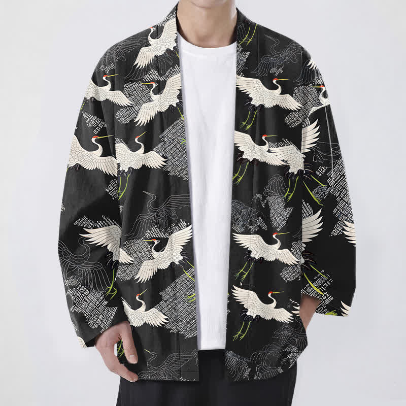 Buddha Stones Cotton White Crane Ripple Pattern Open Front Men's Kimono - Black - US/UK/AU48,EU58 (4XL) - image 9
