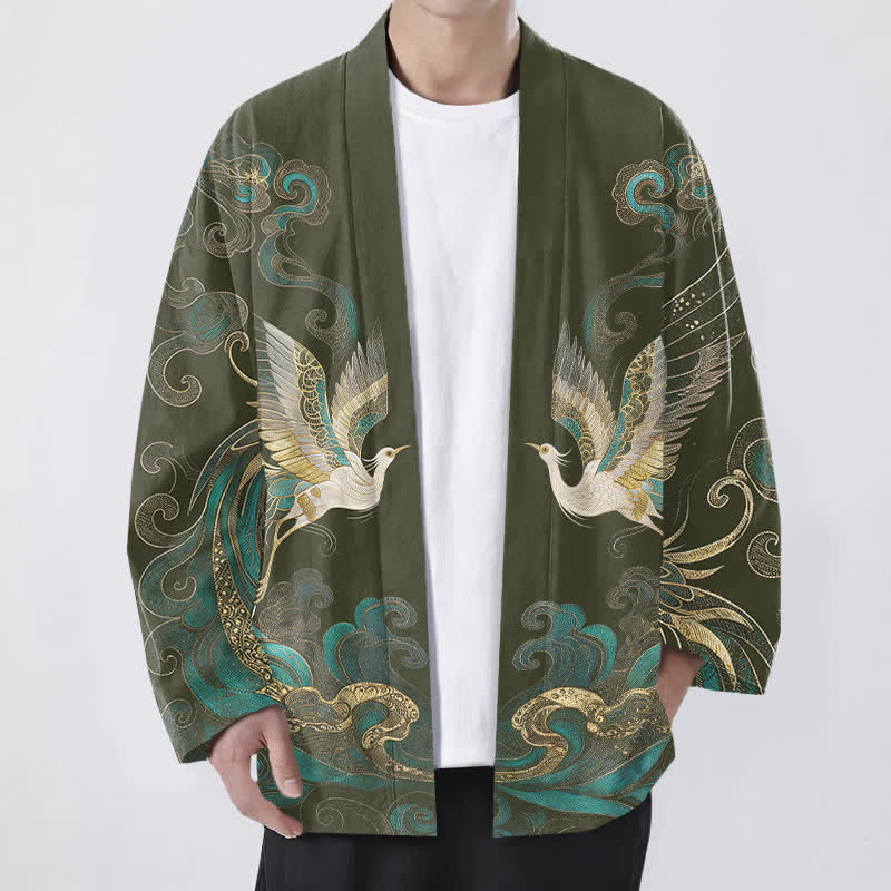 Buddha Stones Cotton Golden Crane Sea Cloud Pattern Open Front Men's Kimono - DarkOliveGreen - US/UK/AU48,EU58 (4XL) - image 0