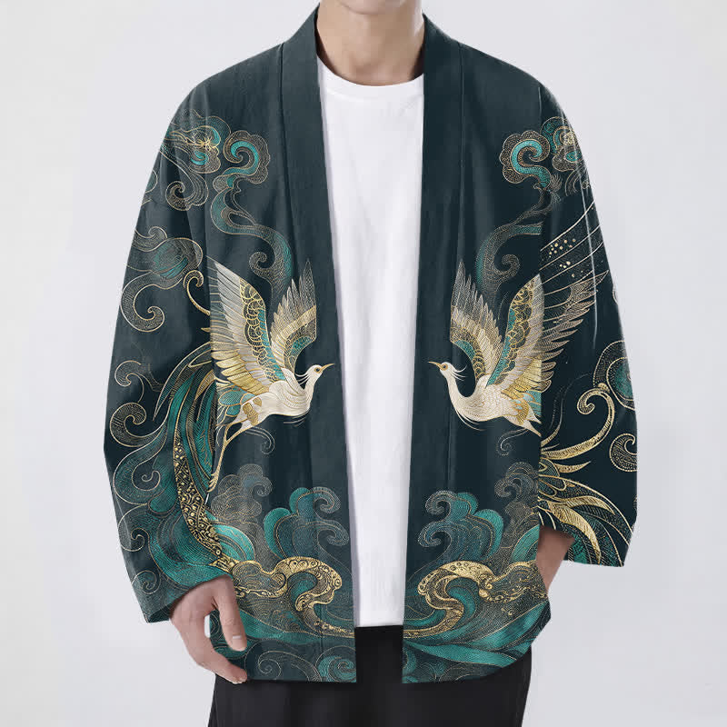 Buddha Stones Cotton Golden Crane Sea Cloud Pattern Open Front Men's Kimono - Teal - US/UK/AU48,EU58 (4XL) - image 6