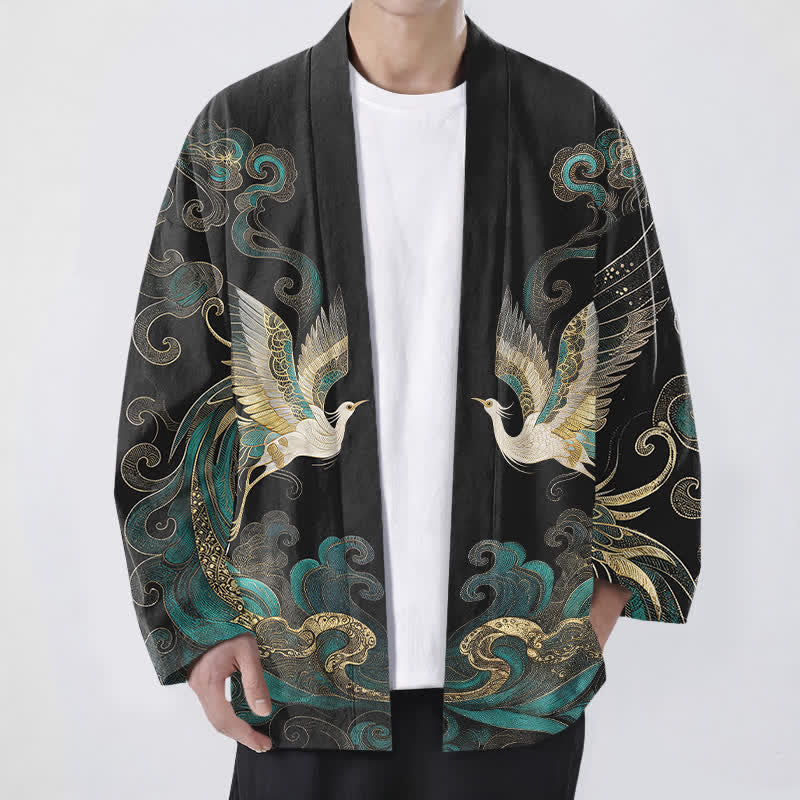 Buddha Stones Cotton Golden Crane Sea Cloud Pattern Open Front Men's Kimono - Black - US/UK/AU48,EU58 (4XL) - image 9