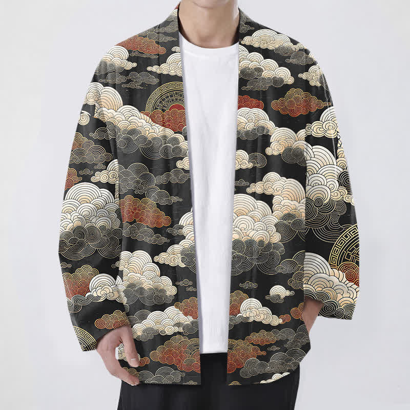 Buddha Stones Cotton Auspicious Cloud Tide Pattern Open Front Men's Kimono - Black - US/UK/AU48,EU58 (4XL) - image 0