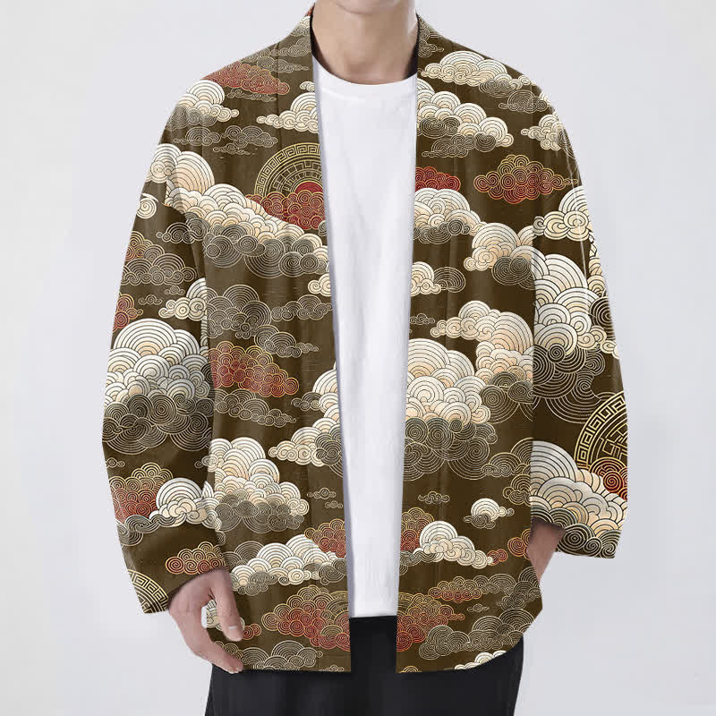 Buddha Stones Cotton Auspicious Cloud Tide Pattern Open Front Men's Kimono - SaddleBrown - US/UK/AU48,EU58 (4XL) - image 6