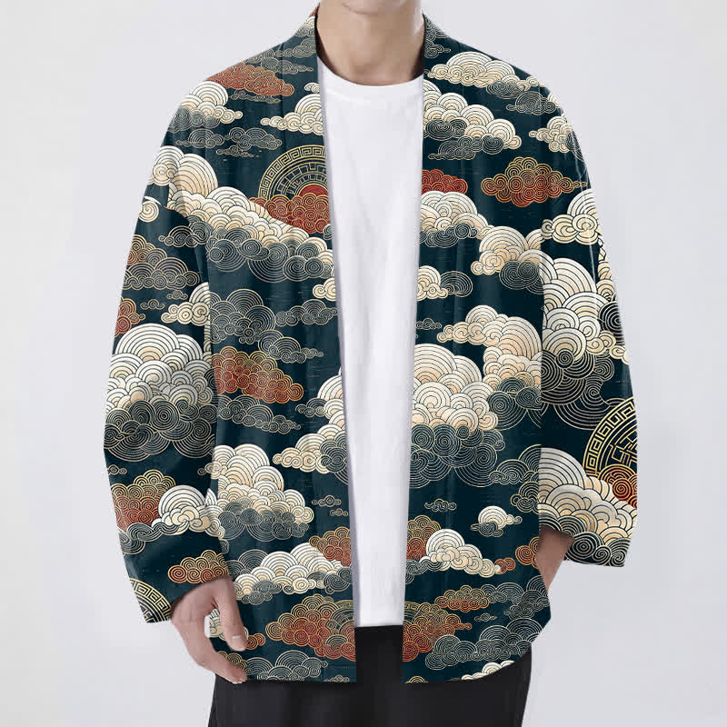 Buddha Stones Cotton Auspicious Cloud Tide Pattern Open Front Men's Kimono - Navy - US/UK/AU48,EU58 (4XL) - image 9