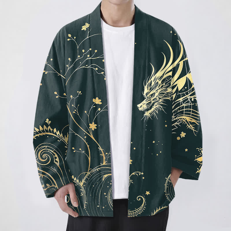 Buddha Stones Cotton Dragon Tide Florals Pattern Open Front Men's Kimono - Teal - US/UK/AU48,EU58 (4XL) - image 0