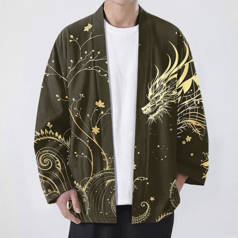 Buddha Stones Cotton Dragon Tide Florals Pattern Open Front Men's Kimono - Olive - US/UK/AU48,EU58 (4XL) - image 6