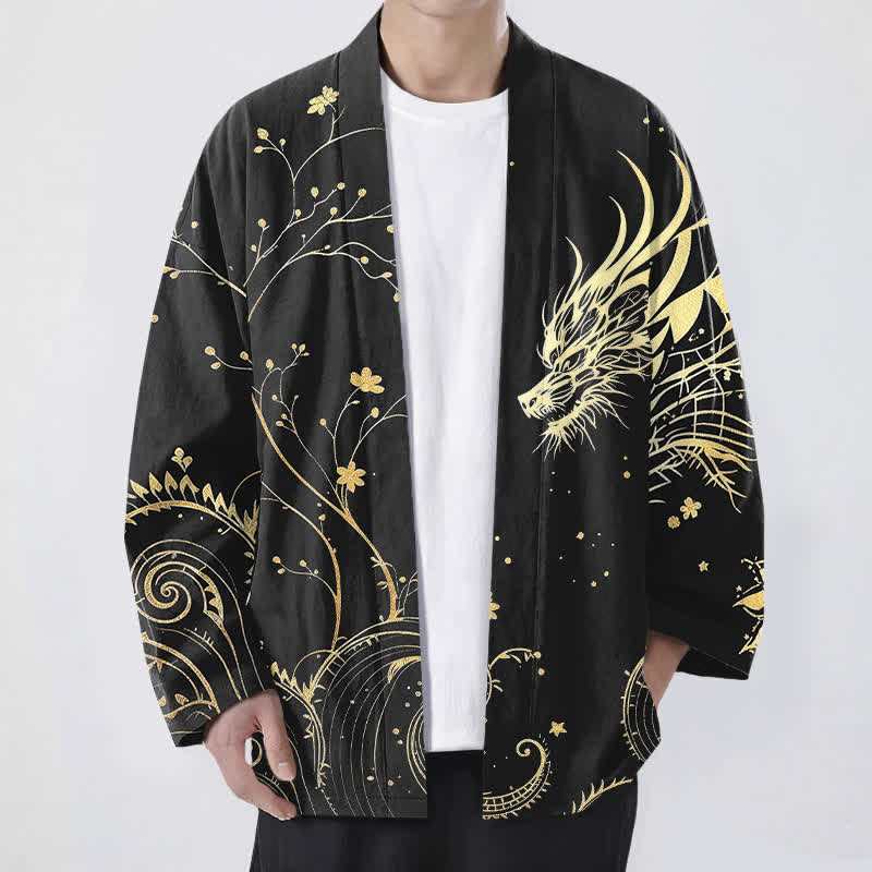 Buddha Stones Cotton Dragon Tide Florals Pattern Open Front Men's Kimono - Black - US/UK/AU48,EU58 (4XL) - image 9