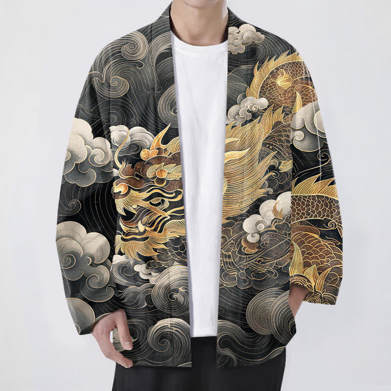 Buddha Stones Cotton Auspicious Dragon Cloud Sea Pattern Open Front Men's Kimono - Black - US/UK/AU48,EU58 (4XL) - image 0