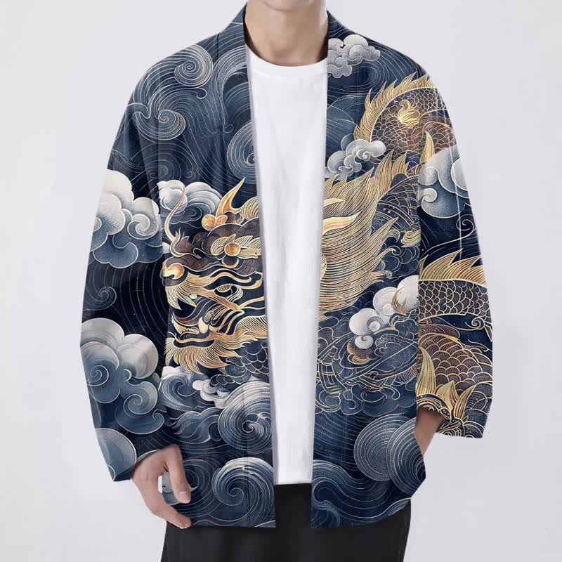 Buddha Stones Cotton Auspicious Dragon Cloud Sea Pattern Open Front Men's Kimono - Navy - US/UK/AU48,EU58 (4XL) - image 6