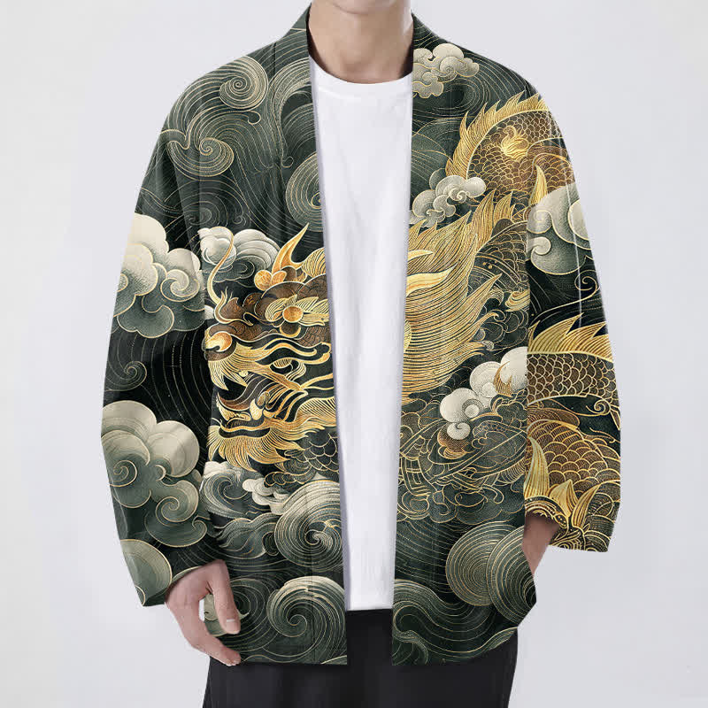Buddha Stones Cotton Auspicious Dragon Cloud Sea Pattern Open Front Men's Kimono - DarkGreen - US/UK/AU48,EU58 (4XL) - image 9