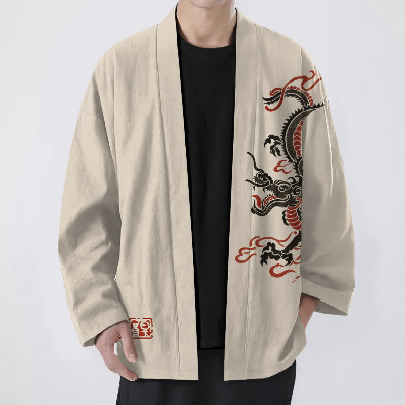 Buddha Stones Cotton Black Red Dragon Pattern Open Front Men's Kimono - Beige - US/UK/AU48,EU58 (4XL) - image 0