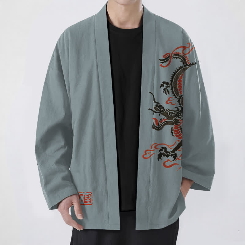 Buddha Stones Cotton Black Red Dragon Pattern Open Front Men's Kimono - CadetBlue - US/UK/AU48,EU58 (4XL) - image 6