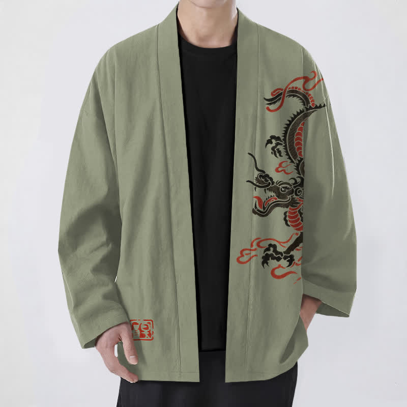 Buddha Stones Cotton Black Red Dragon Pattern Open Front Men's Kimono - OliveDrab - US/UK/AU48,EU58 (4XL) - image 9
