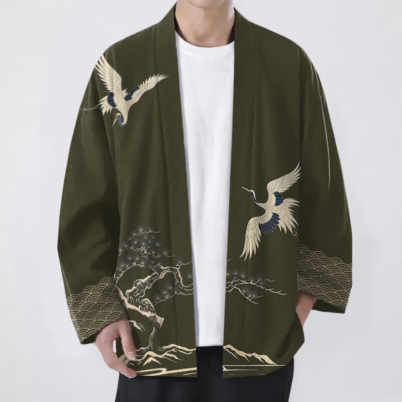 Buddha Stones Cotton Crane Pine Landscape Pattern Open Front Men's Kimono - DarkOliveGreen - US/UK/AU48,EU58 (4XL) - image 0