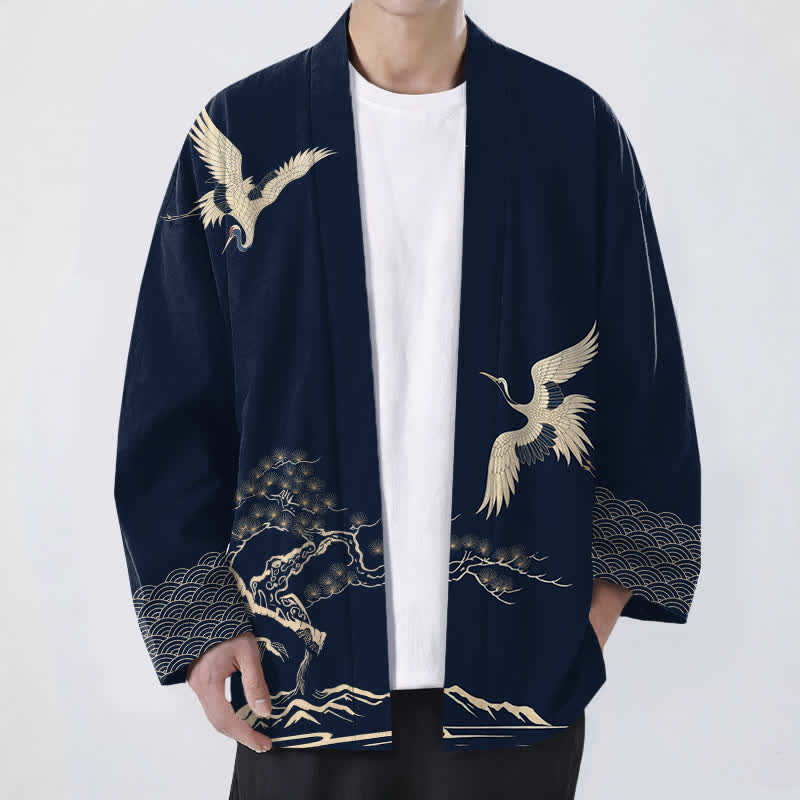 Buddha Stones Cotton Crane Pine Landscape Pattern Open Front Men's Kimono - Navy - US/UK/AU48,EU58 (4XL) - image 6