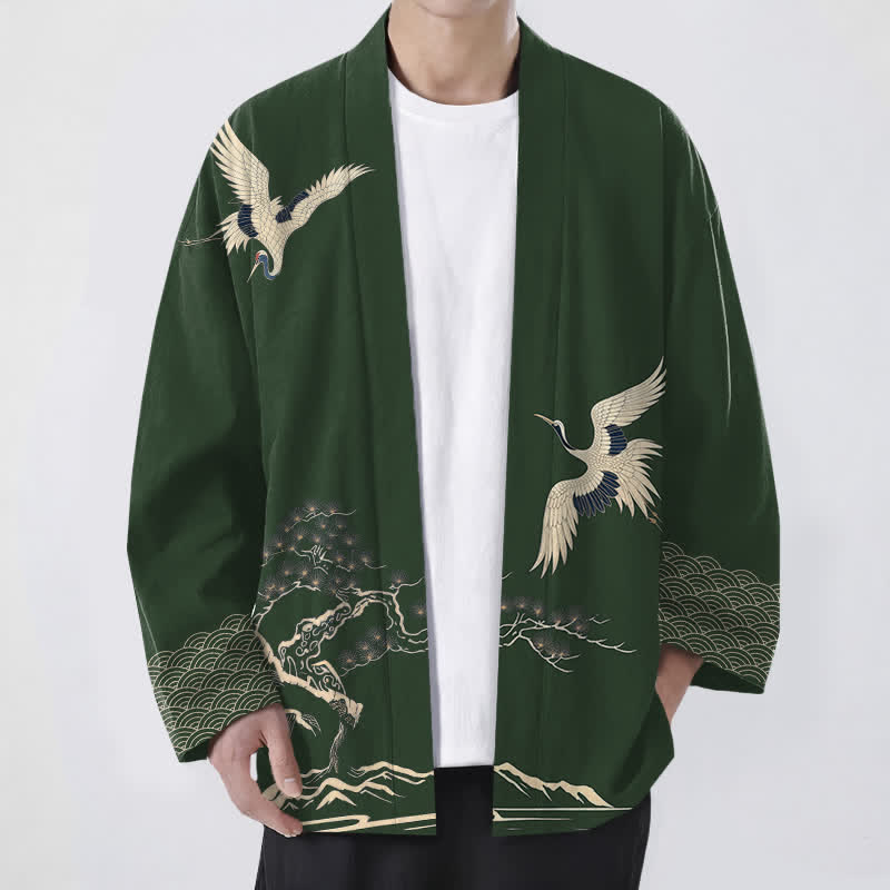 Buddha Stones Cotton Crane Pine Landscape Pattern Open Front Men's Kimono - DarkGreen - US/UK/AU48,EU58 (4XL) - image 9