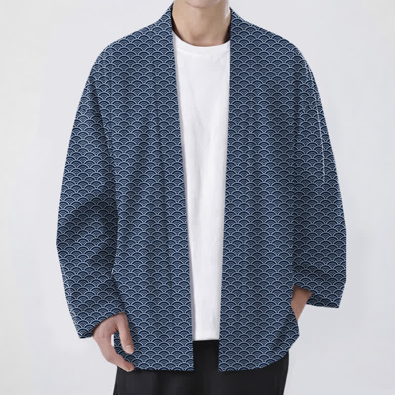 Buddha Stones Cotton Japanese Ocean Wave Pattern Open Front Men's Kimono - Navy - US/UK/AU48,EU58 (4XL) - image 0