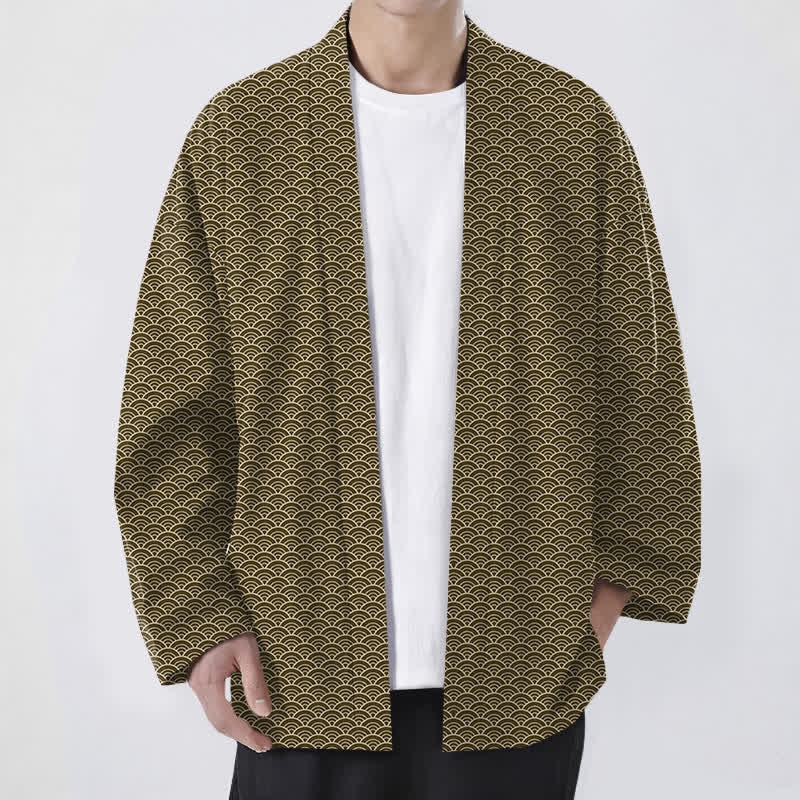 Buddha Stones Cotton Japanese Ocean Wave Pattern Open Front Men's Kimono - DarkGoldenrod - US/UK/AU48,EU58 (4XL) - image 6