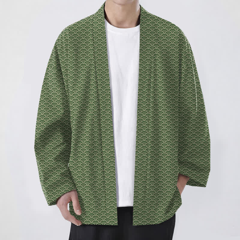 Buddha Stones Cotton Japanese Ocean Wave Pattern Open Front Men's Kimono - OliveDrab - US/UK/AU48,EU58 (4XL) - image 9