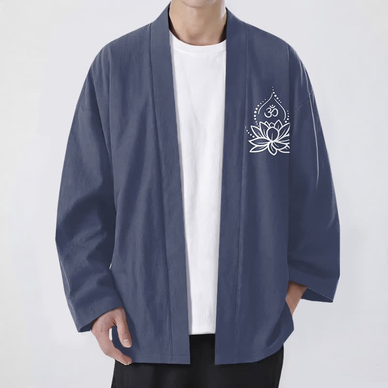 Buddha Stones Cotton Lotus Om Pattern Open Front Men's Kimono - SlateGray - US/UK/AU48,EU58 (4XL) - image 0