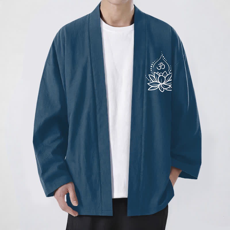 Buddha Stones Cotton Lotus Om Pattern Open Front Men's Kimono - SteelBlue - US/UK/AU48,EU58 (4XL) - image 6