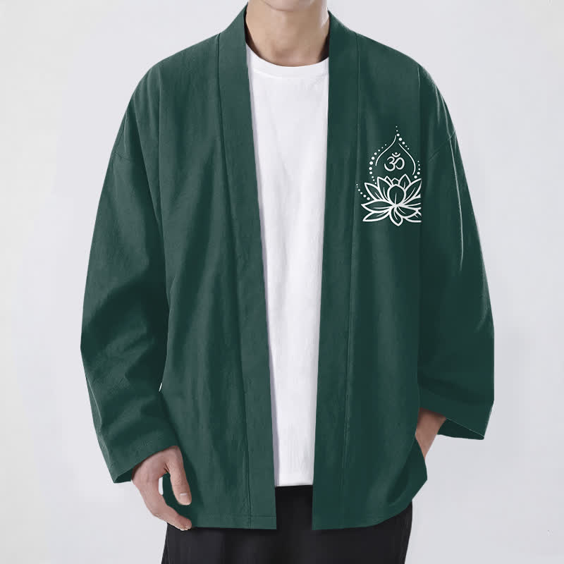 Buddha Stones Cotton Lotus Om Pattern Open Front Men's Kimono - DarkGreen - US/UK/AU48,EU58 (4XL) - image 9