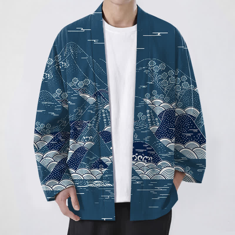 Buddha Stones Cotton Japanese Landscape Waves Pattern Open Front Men's Kimono - Teal - US/UK/AU48,EU58 (4XL) - image 0