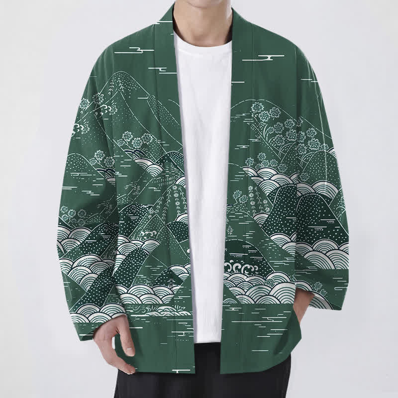 Buddha Stones Cotton Japanese Landscape Waves Pattern Open Front Men's Kimono - ForestGreen - US/UK/AU48,EU58 (4XL) - image 6