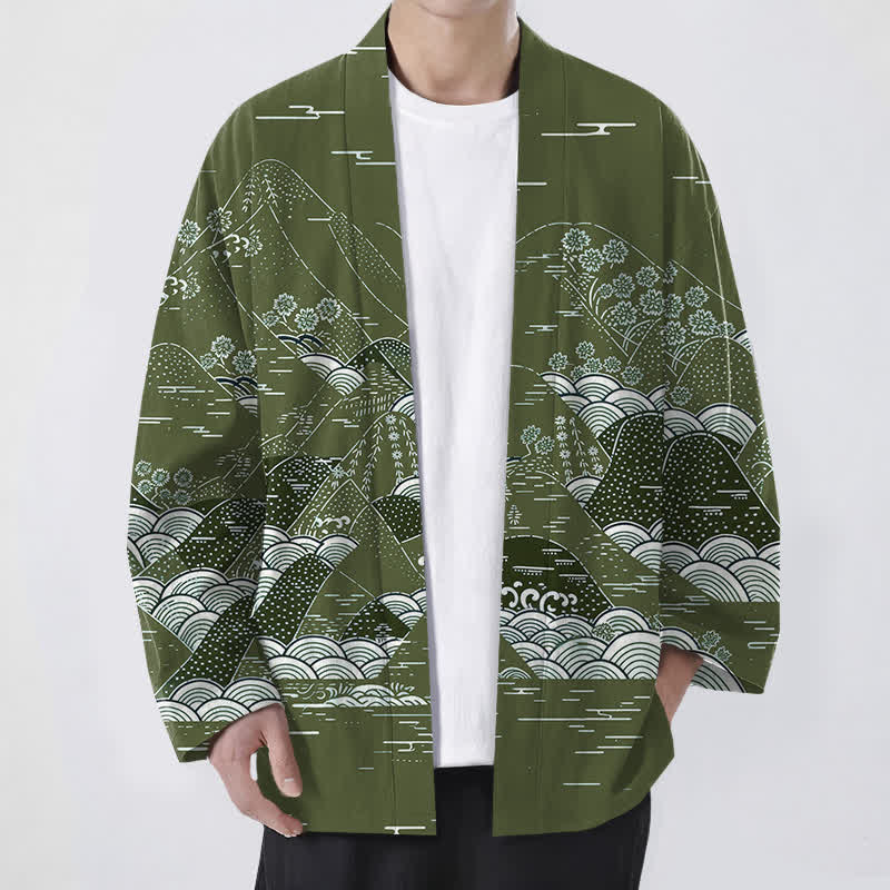 Buddha Stones Cotton Japanese Landscape Waves Pattern Open Front Men's Kimono - OliveDrab - US/UK/AU48,EU58 (4XL) - image 9