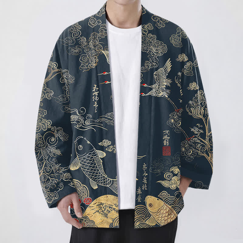 Buddha Stones Cotton Chinese Crane And Koi Fish Pattern Open Front Men's Kimono - Navy - US/UK/AU48,EU58 (4XL) - image 0