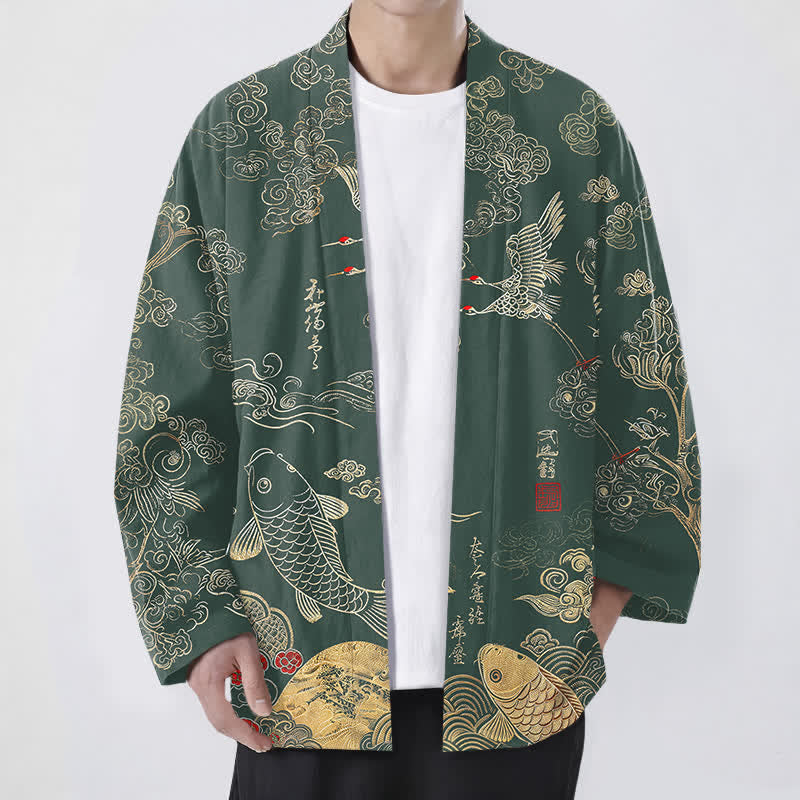 Buddha Stones Cotton Chinese Crane And Koi Fish Pattern Open Front Men's Kimono - DarkGreen - US/UK/AU48,EU58 (4XL) - image 6
