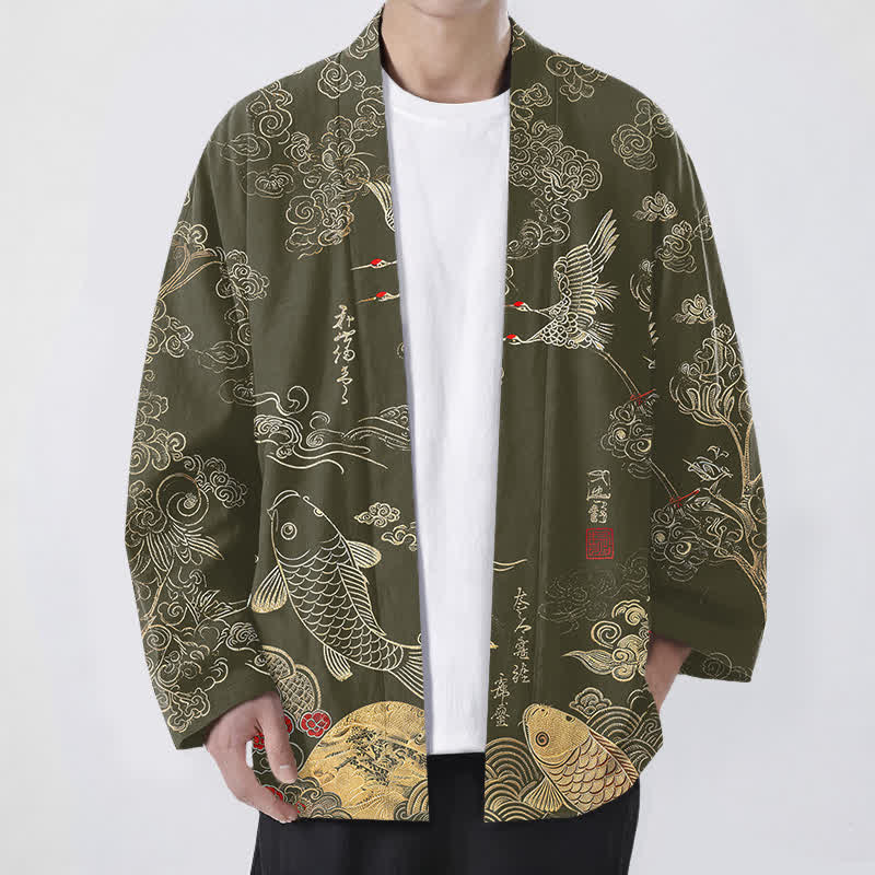 Buddha Stones Cotton Chinese Crane And Koi Fish Pattern Open Front Men's Kimono - Olive - US/UK/AU48,EU58 (4XL) - image 9