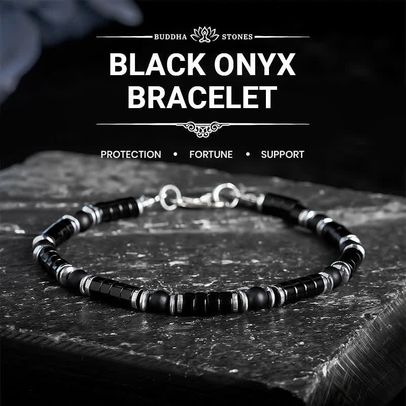 Buddha Stones Black Onyx Cylindrical Frosted Spacer Bead Protection Bracelet - Without Extender Chain (Wrist Circumference: 5.9–6.3 in/15–16 cm) - image 0