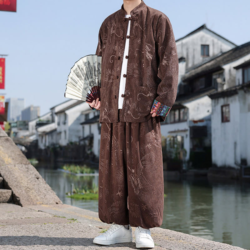 Buddha Stones Fall Winter Tang Style Vintage Mandarin Collar Frog Button Abstract Cotton Shirt Pants Men's Meditation Cloth With Pockets - Sienna - US/UK/AU46,EU56 (5XL) - image 0