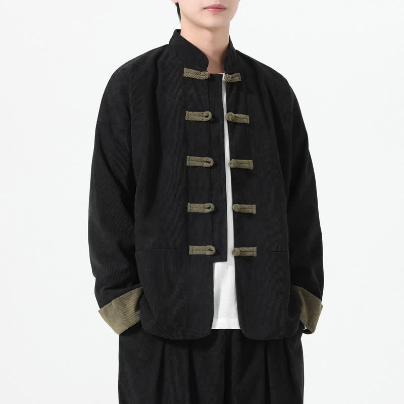 Buddha Stones Fall Winter Casual Tang Style Frog Button Solid Men's Jackets With Pockets - Black - US/UK/AU46,EU56 (5XL) - image 5