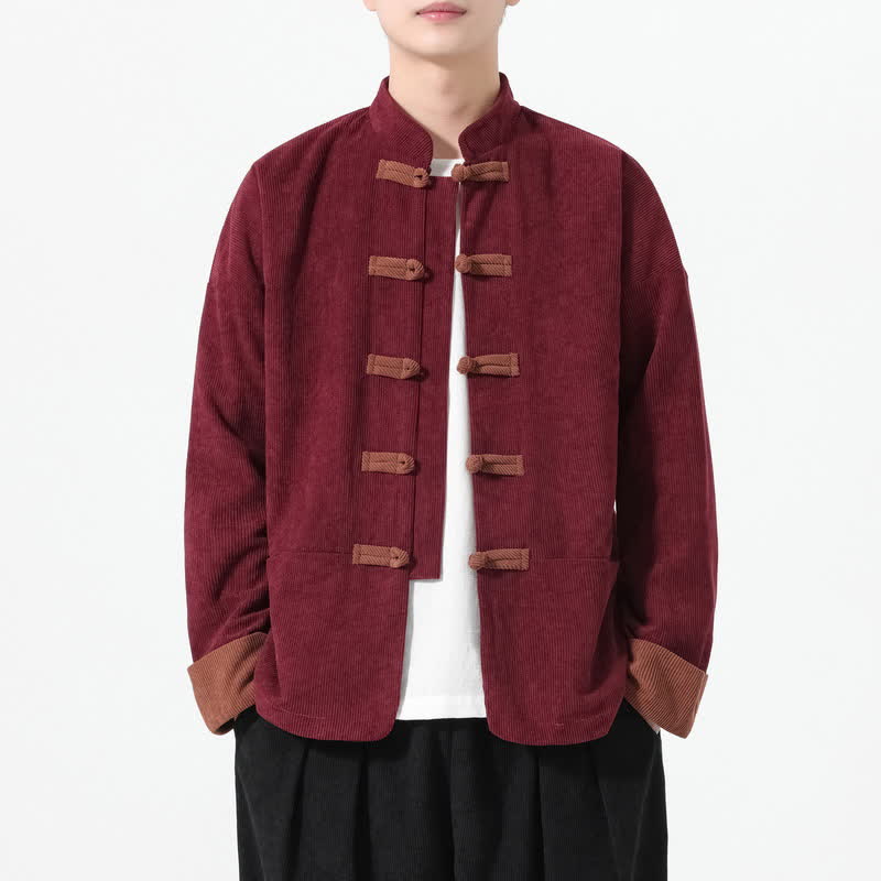 Buddha Stones Fall Winter Casual Tang Style Frog Button Solid Men's Jackets With Pockets - Maroon - US/UK/AU46,EU56 (5XL) - image 11