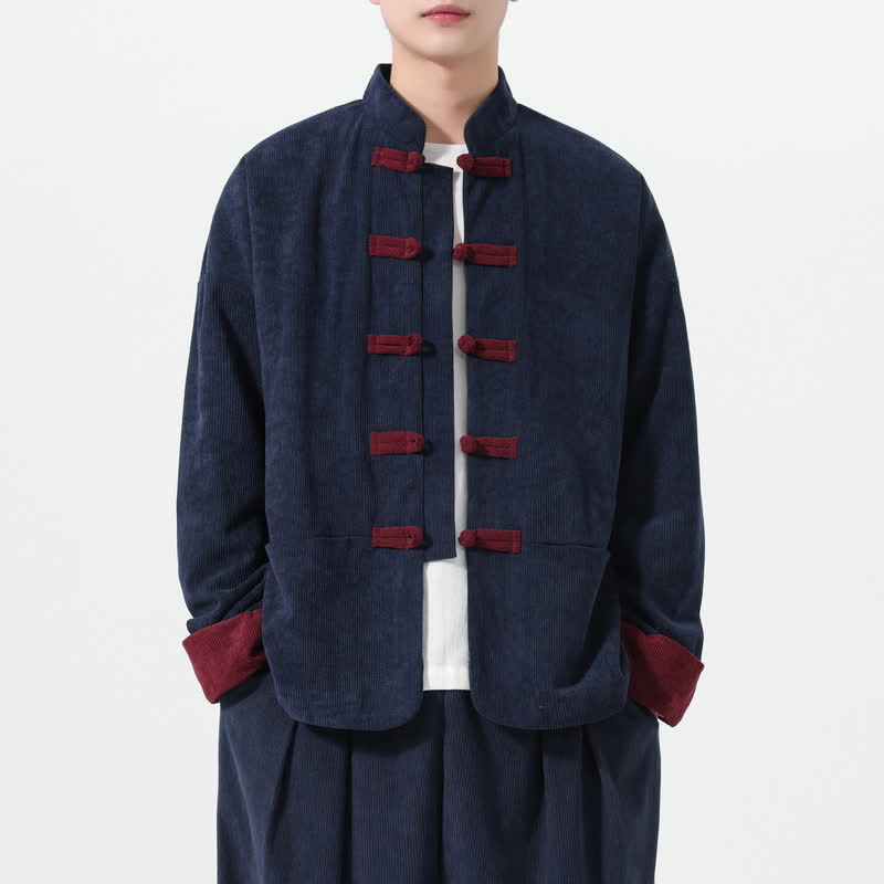 Buddha Stones Fall Winter Casual Tang Style Frog Button Solid Men's Jackets With Pockets - Navy - US/UK/AU46,EU56 (5XL) - image 0