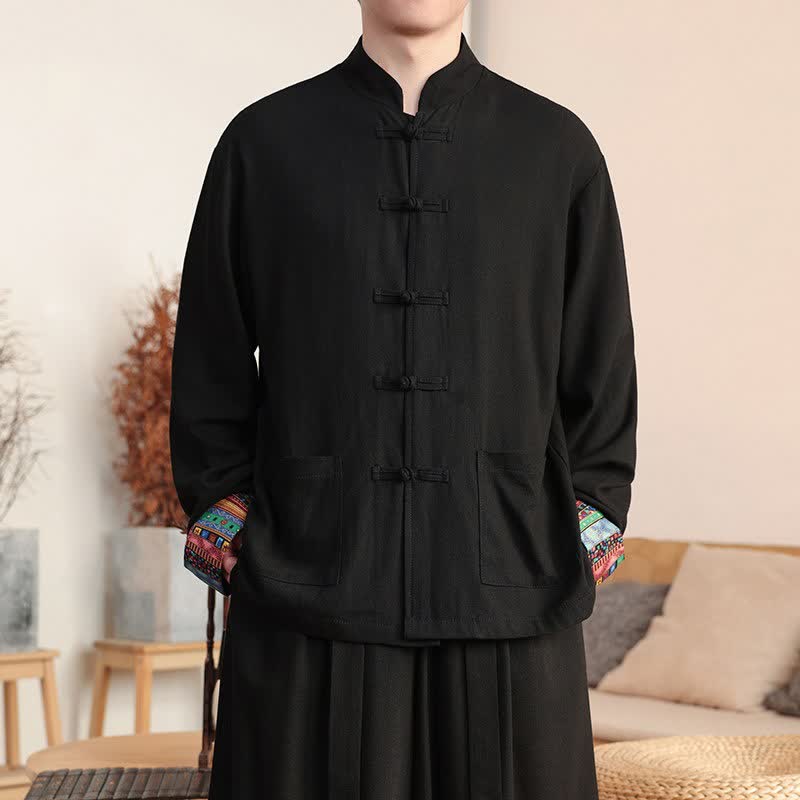 Buddha Stones Fall Winter Casual Tang Style Frog Button Mandarin Collar Solid Men's Jackets With Pockets - Black - US/UK/AU46,EU56 (5XL) - image 3