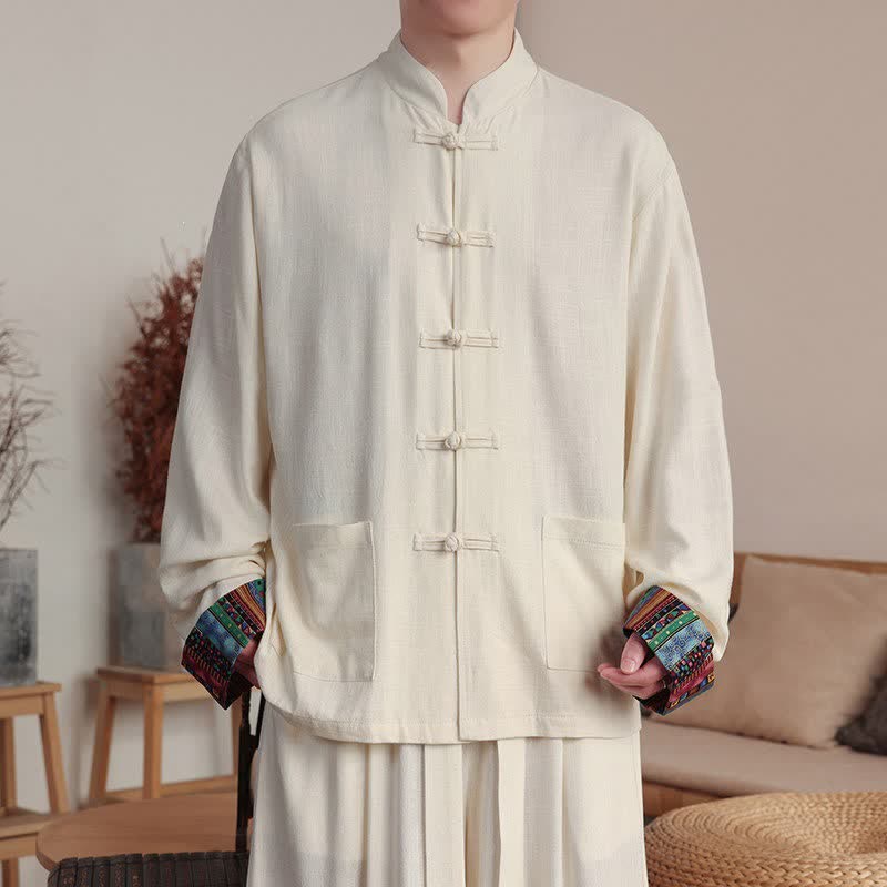 Buddha Stones Fall Winter Casual Tang Style Frog Button Mandarin Collar Solid Men's Jackets With Pockets - AntiqueWhite - US/UK/AU46,EU56 (5XL) - image 0