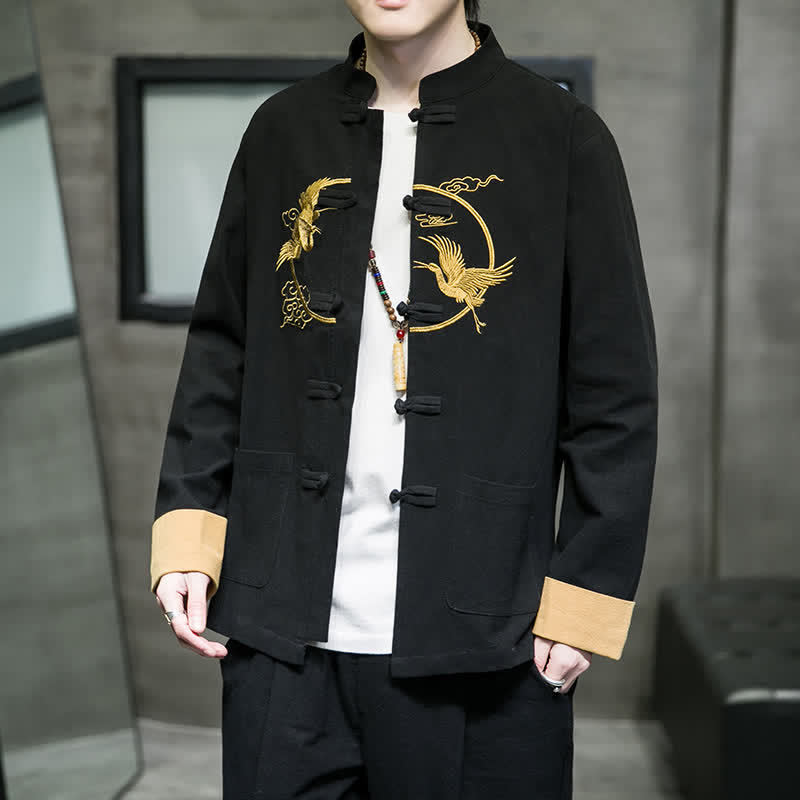 Buddha Stones Fall Winter Tang Style Vintage Frog Button Crane Clouds Embroidery Pattern Cotton Men's Jacket With Pockets - Black - US/UK/AU46,EU56 (5XL) - image 9