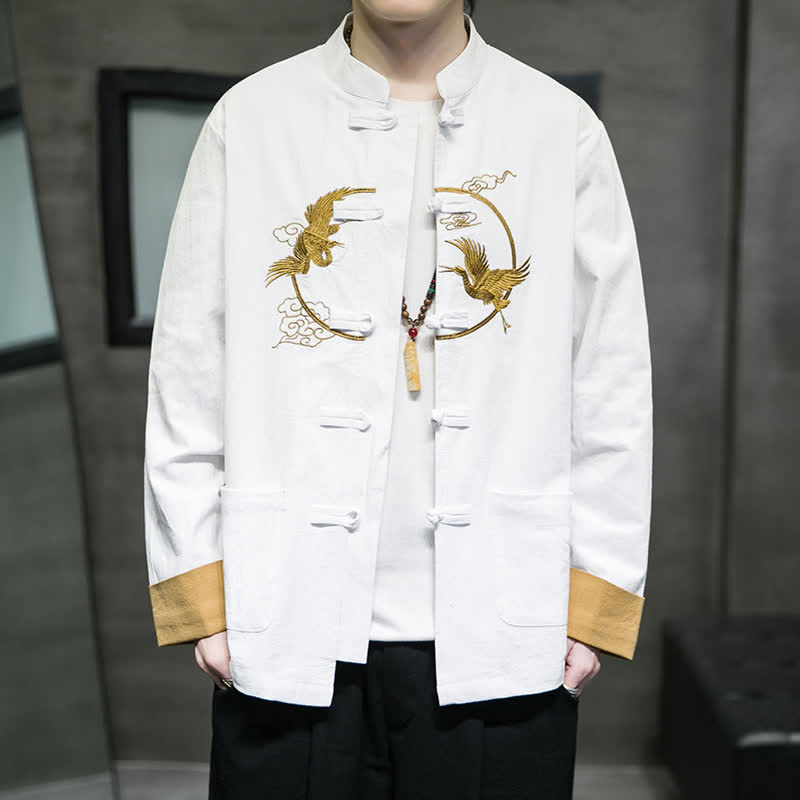 Buddha Stones Fall Winter Tang Style Vintage Frog Button Crane Clouds Embroidery Pattern Cotton Men's Jacket With Pockets - White - US/UK/AU46,EU56 (5XL) - image 26