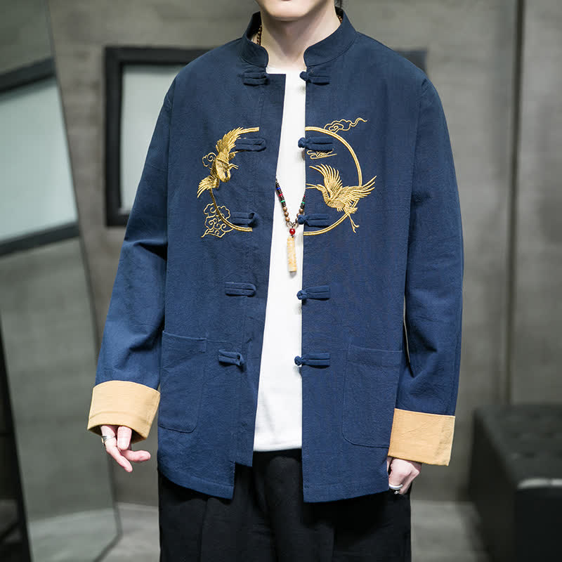 Buddha Stones Fall Winter Tang Style Vintage Frog Button Crane Clouds Embroidery Pattern Cotton Men's Jacket With Pockets - MidnightBlue - US/UK/AU46,EU56 (5XL) - image 15