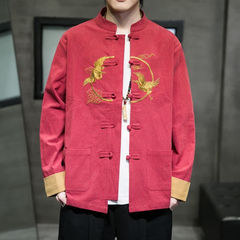 Buddha Stones Fall Winter Tang Style Vintage Frog Button Crane Clouds Embroidery Pattern Cotton Men's Jacket With Pockets - Crimson - US/UK/AU46,EU56 (5XL) - image 0