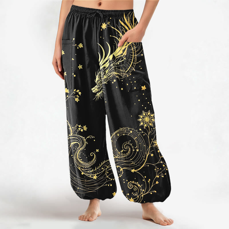 Buddha Stones Cotton Golden Dragon Swirl Floral Pattern Women's Elastic Waist Harem Pants With Side Pockets - Black - US16,UK/AU20,EU48 (3XL) - image 0